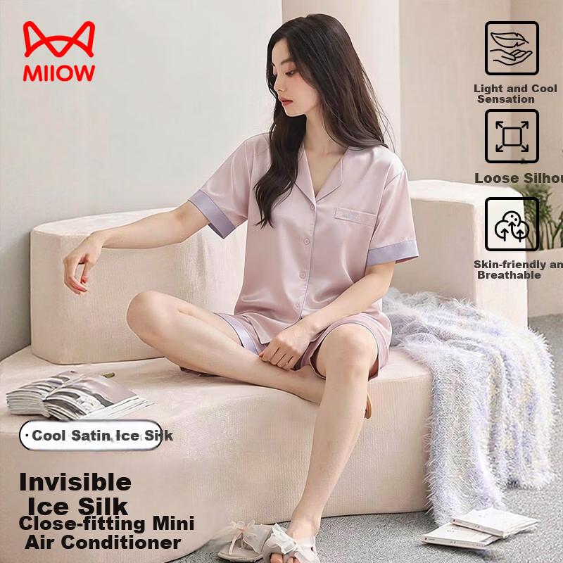 Miiow Couple Pajamas Women's Summer Cool Ice Silk Short Sleeve Shorts Satin Chiffon Premium Loungewear