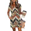 Women's Summer V-Neck Casual Short Sleeve Drawstring With Pocket Vintage Floral Dresses