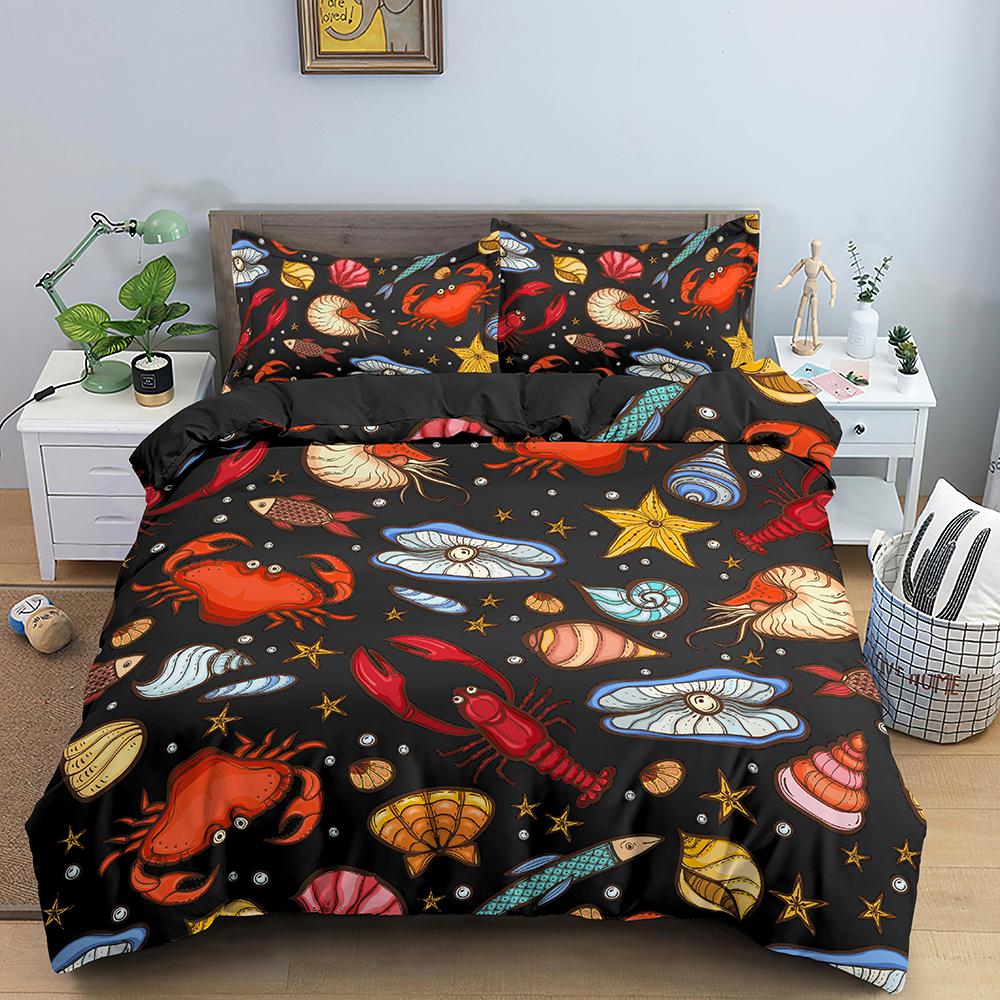 Shell Duvet Cover Set Starfish Crab Sea Animals Kawaii Polyester Comforter Cover For Kid Boys Girl Bedding Set King Full Size