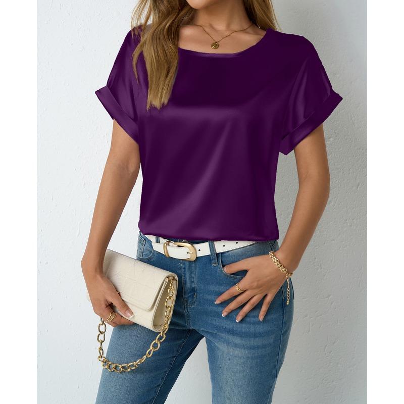 Women's Spring Summer Short-sleeved Satin Shirt Loose Casual Color T Shirt