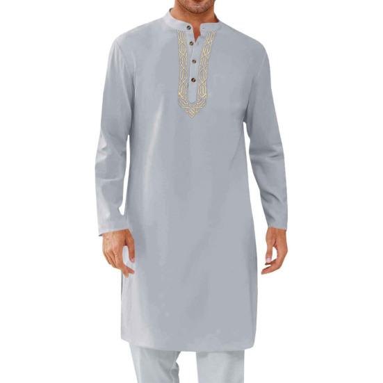 Men's Kaftan Robe O-Neck Long Sleeve Abaya Breathable Button-up Thobe Arabic Ihram Clothing for Casual Occasions Prayers