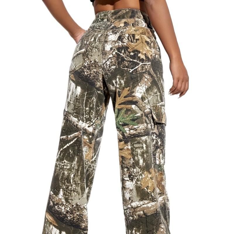 Womens High Waist Straight Leg Denim Pants Printed Casual Cargo Jeans Slim Fit