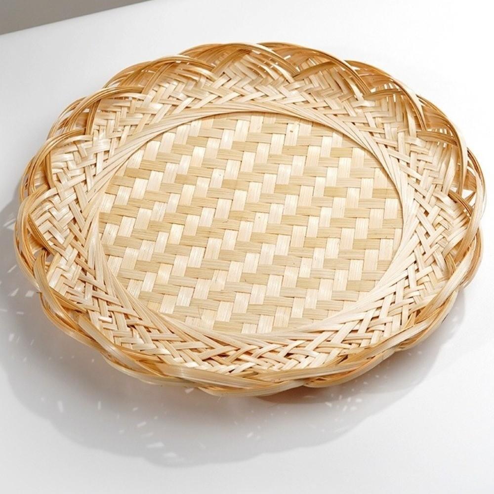 Round Woven Bamboo Tray Scalloped Edge Fruit Snack Serving Tray Kitchen Storage