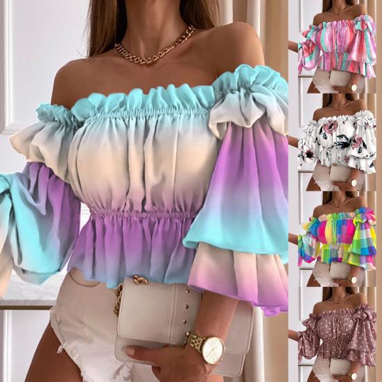 Многослойный топ с открытыми плечами, красочная плиссированная женская рубашка с расклешенными рукавами