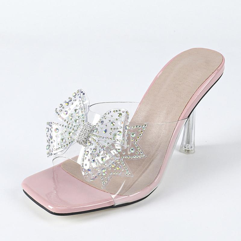 Модные прозрачные ПВХ шлепанцы Liyke для женщин, хрустальные стразы, бантик, высокие каблуки, прозрачные сандалии, модный квадратный носок, обувь для вечеринок и выпускного вечера