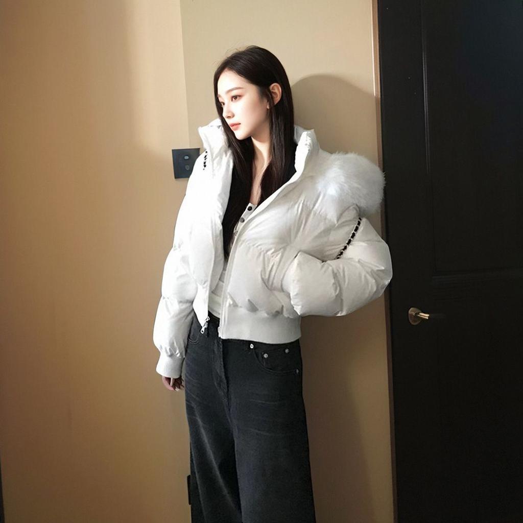 Retro Winter New Cotton Coat Women's Fur Collar Hooded Waist Slimming Short Cotton Coat Thickened