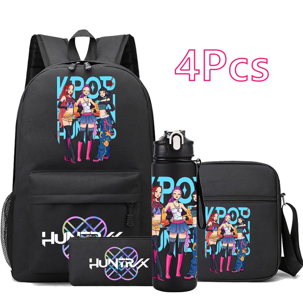 4 шт./компл. Аниме Мультфильм K-Pop Принт Рюкзак с бутылкой для воды 750 мл для Подростка Студента Девочки Мальчика Книжная сумка Детский Подарок Большая Вместимость Дорожная Сумка