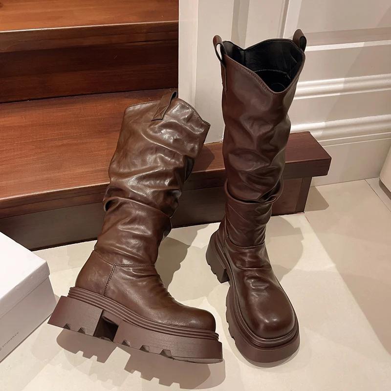 Зимние женские ботфорты из короткого плюша, модные слипоны, рыцарские длинные ботильоны, женские повседневные ботинки на платформе и каблуке, женские боты