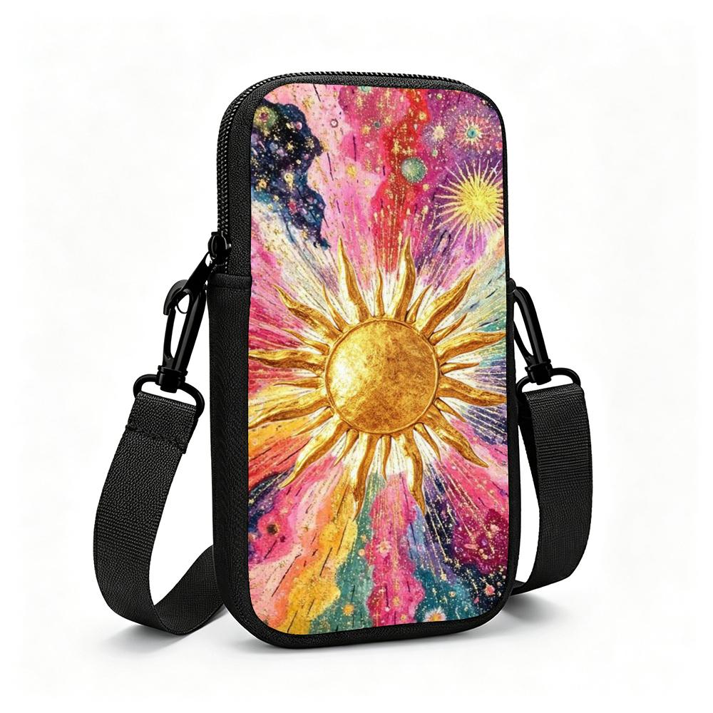 2D-Psychedelic Celestial Golden Sun Cosmic Swirl Starburst Metallic Texture Acrylic Style Art Print Crossbody Phone Bag