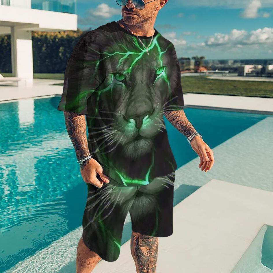 Summer Men's Suit 3D Printing Cool Street Oversized T-Shirt Brave Liger Sportswear Domineering Fitness Sports Pants 2-Piece Set