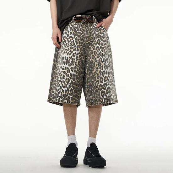 Джинсовые брюки унисекс с леопардовым принтом, свободные прямые ретро со средней талией на молнии и пуговицах длиной до колена для вечеринки