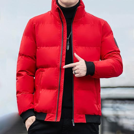 Men Down Jacket Stand Collar Long Sleeve Zipper Closure Jacket Elastic Hem Solid