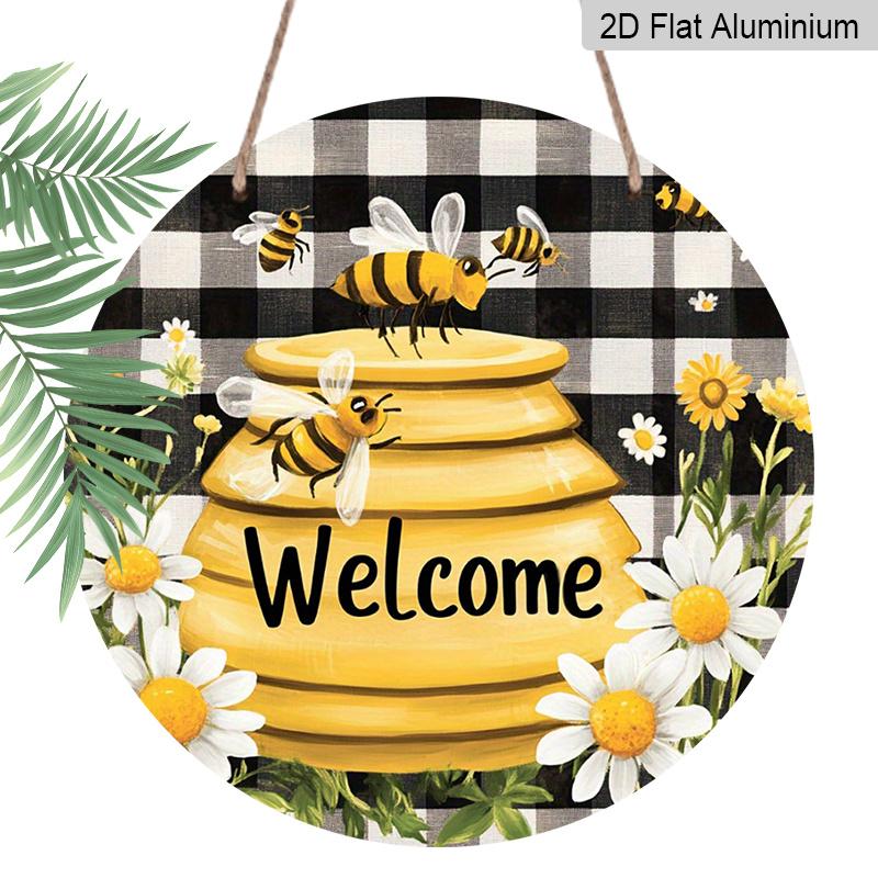 2D Flat, 1pc "Bee Welcome Plus" Monogrammed Round Metal Sign, Ideal for Home, Cafe, Restaurant, Garage, Garden Indoor and Outdoor Use, Event and