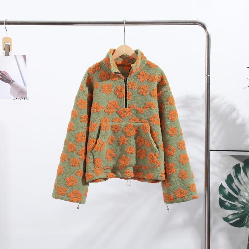 Флисовая толстовка женская с цветочным принтом, теплая, из овечьего флиса, со стойкой воротником, на молнии, свободная, мягкая, пуловер, осень/зима 2025