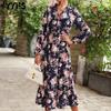 Women's Fashion Summer Spring Floral Print Long Sleeve V-Neck High Waist Casual Dresses
