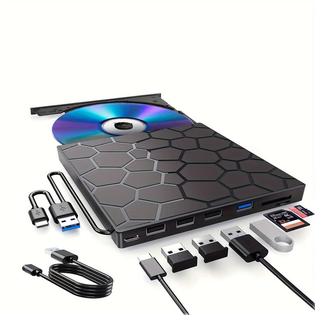 Внешний DVD-привод USB 3.0 8-в-1 с картридером и USB-хабом - Тонкий портативный для ноутбуков Windows/Mac