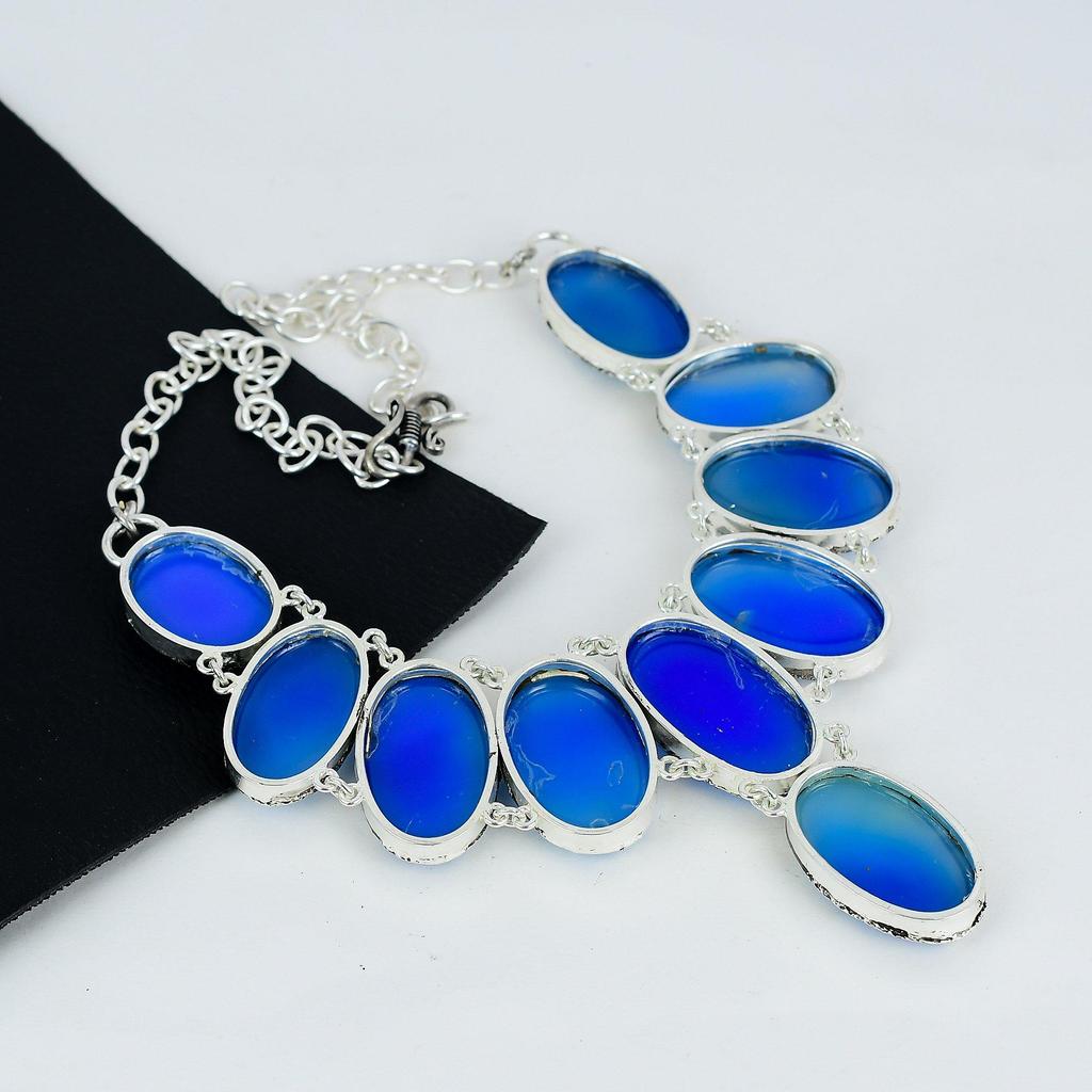 Синий халцедон драгоценный камень ручной работы серебро 925 пробы гальванопластика ожерелье, синий халцедон серебро для жены унисекс ожерелье праздничный наряд подарки