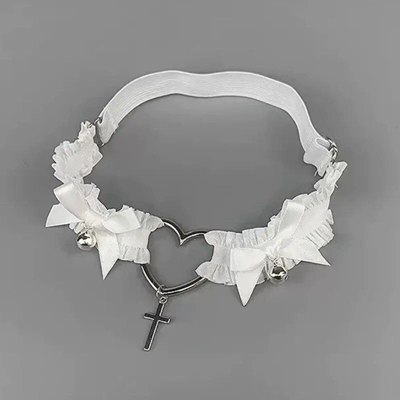 Готический кружевной пояс для подвязок с бантом в форме сердца, подвеска в виде креста, подвязки для ног, черный, белый цвет, эластичный ремень, косплей, жгут для ног