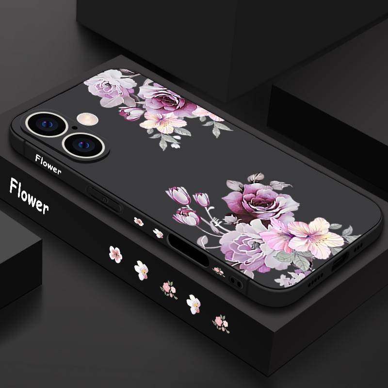 Фиолетовый цветочный узор Ударопрочный чехол для iPhone 16 17 Pro Max 15 Pro 14 13 12 11 Ремешок TPU Защита объектива Матовый мягкий чехол для телефона