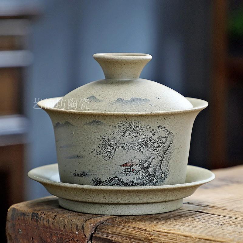 Coarse Pottery Covered Bowl Purple Clay Tea Making Bowl Kung Fu Tea Set Hand-held Bowl Sancai Gaiwan Home and Office Tea Maker