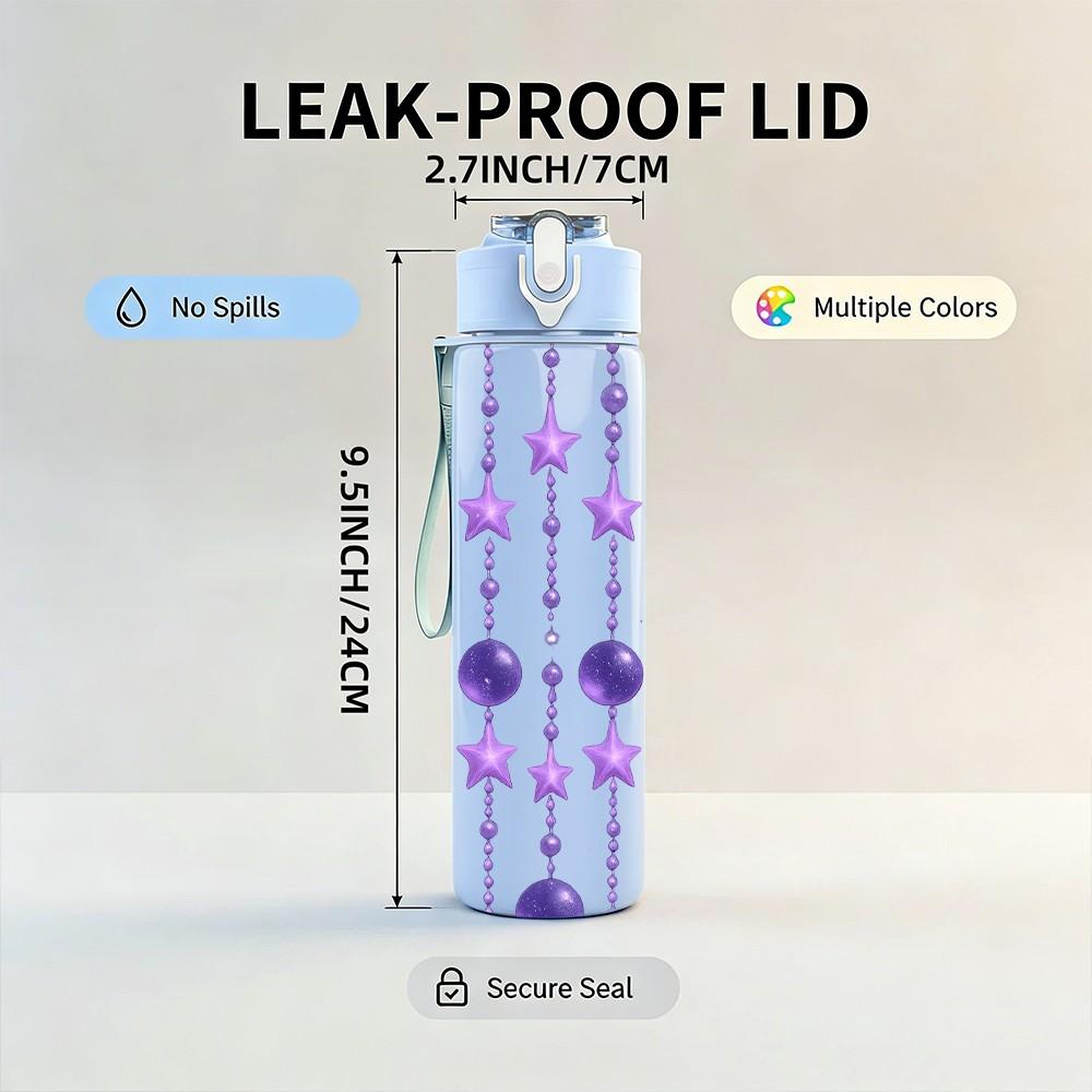 1PC Purple Bead Star Vertical Pattern Print 750ml Color Plastic Sports Water Bottle Leakproof Flip Straw Lid Suitable for Sports Office Home Use