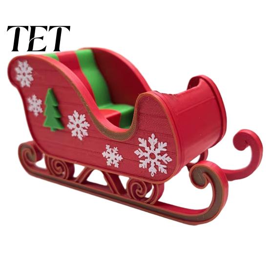 Indoor Festive Table Decor 3D Printed Christmas Sleigh Ornament, Red And Green Figurine with Snowflake Creative Room Accents and Tree Relief, Tabletop