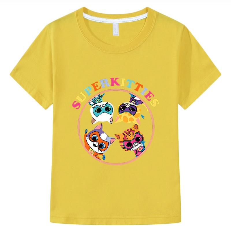 Футболка SuperKitties, короткие топы из 100% хлопка, одежда для мальчиков и девочек y2k, цельная повседневная детская одежда в стиле аниме, летняя детская одежда