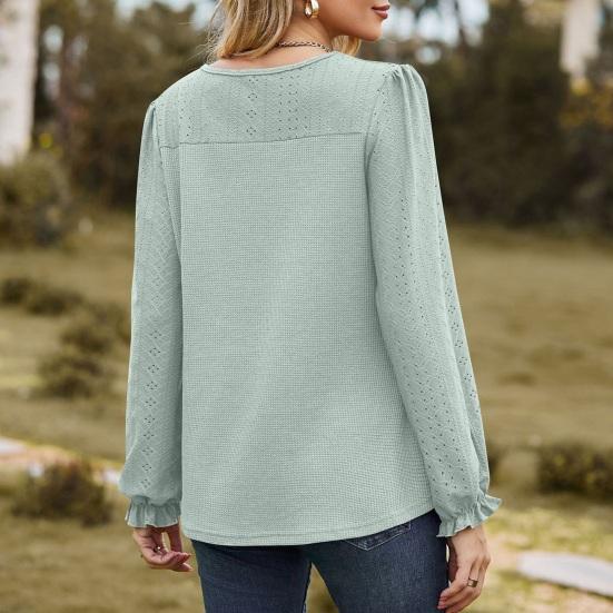 Women Tops Round Neck Puff Long Sleeve Solid Color Tee Shirt with Waffle Decoration Solid Color Loose Fit T-shirt