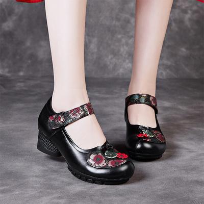 Этнический стиль Новые весенние и осенние женские туфли из толстой коровьей кожи с мягкой подошвой, одинарные туфли для мам, маленькие кожаные туфли