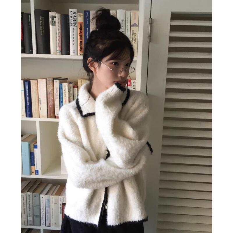 Осень и Зима Элегантный Свободный Повседневный Кардиган Свитер Новый Женский Ретро Вязаный Жакет Простой Контрастный Цвет Лацкан Стиль Одежда