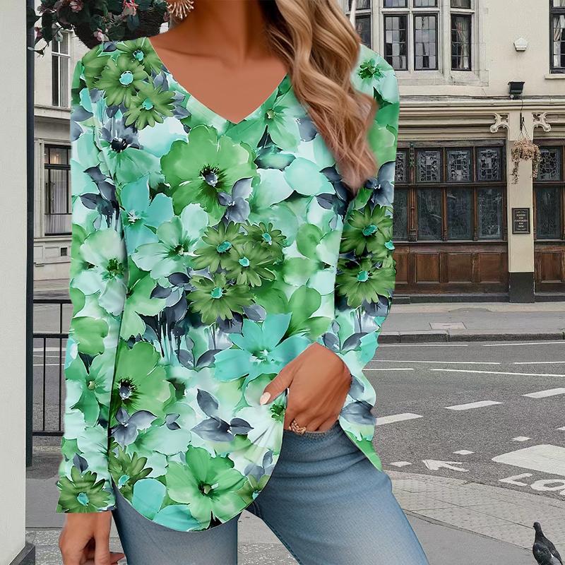 Женские футболки с принтом полевых цветов, женские топы, длинные рукава, V-образный вырез, пуловер, женские футболки, футболка для женщин