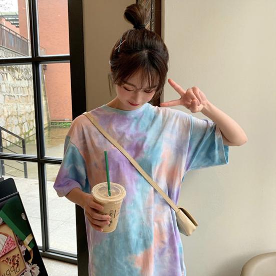 Женская милая футболка Tie Dye O шеи с коротким рукавом, базовая рубашка, свободный топ
