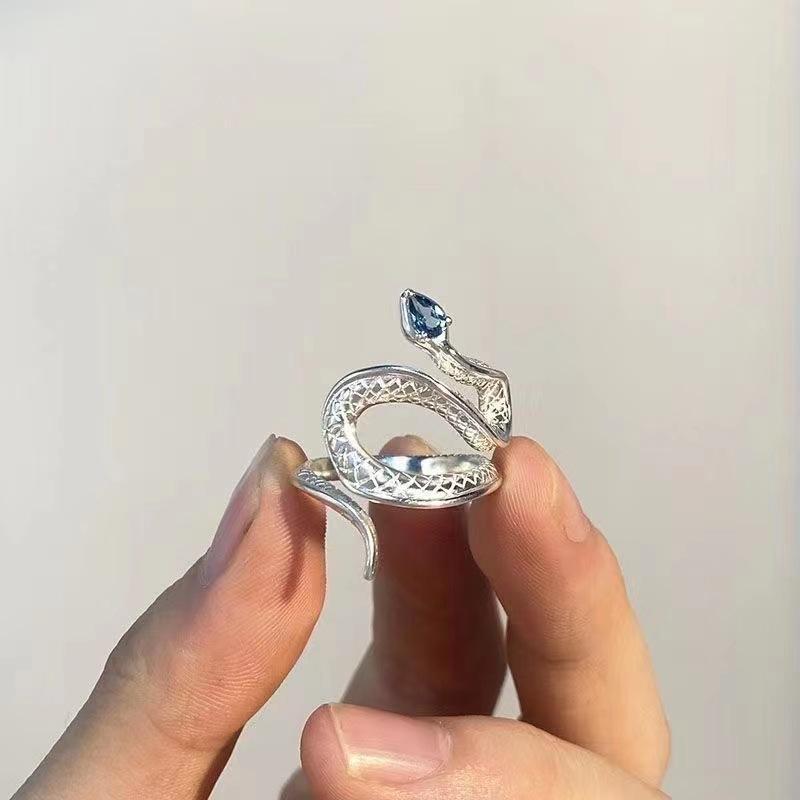 Sea Blue Topaz Snake Opening Ring with Creative Niche Design, Ins Cool Style Ring