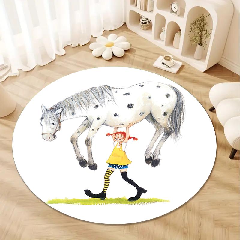 Круглый ковер с изображением мультфильма Пеппи Длинныйчулок, Ковер для гостиной, спальни, дивана, игровой комнаты, Нескользящий коврик Q0030