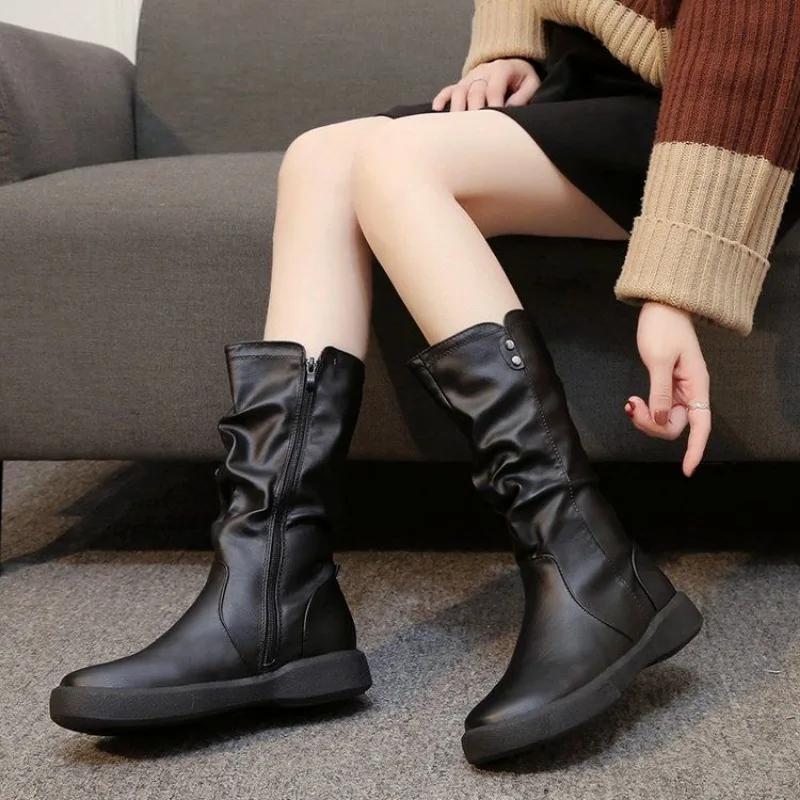 Brown Ladies Mid Calf Shoes Round Toe Middle Heel Comfortable and Elegant Women's Half High Boots Demi-season Large Size Warm Pu