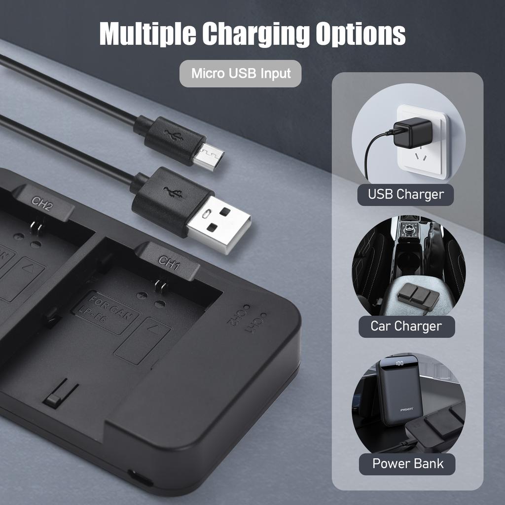 Camera LP-E6 LP-E6N Battery & Charger Kit with 2-slot Battery Charger + 2pcs LP-E6 Batteries 7.4V