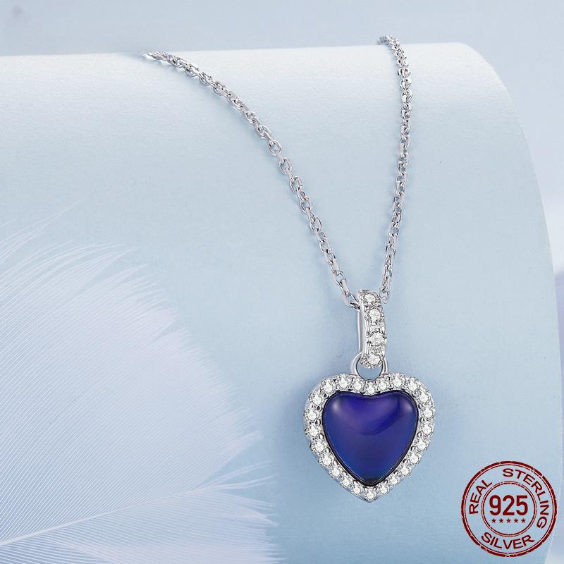 S925 Серебро Эмоции Камень Сердце Кулон Ожерелье Цвет Изменение Цвета Драгоценный Камень Цепочка На Шею для Женщин Подарок на День Святого Валентина