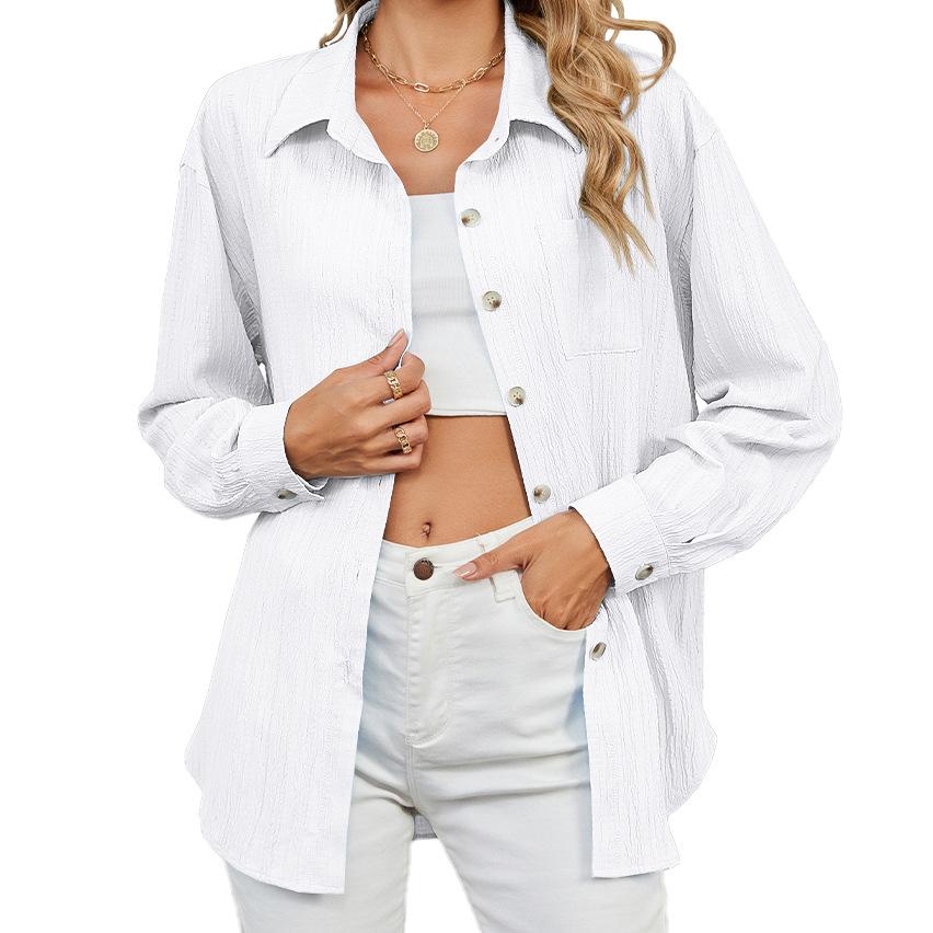 2024 Autumn/Winter New Solid Color Collar Button Pocket Loose Long Sleeve Shirt For Women
