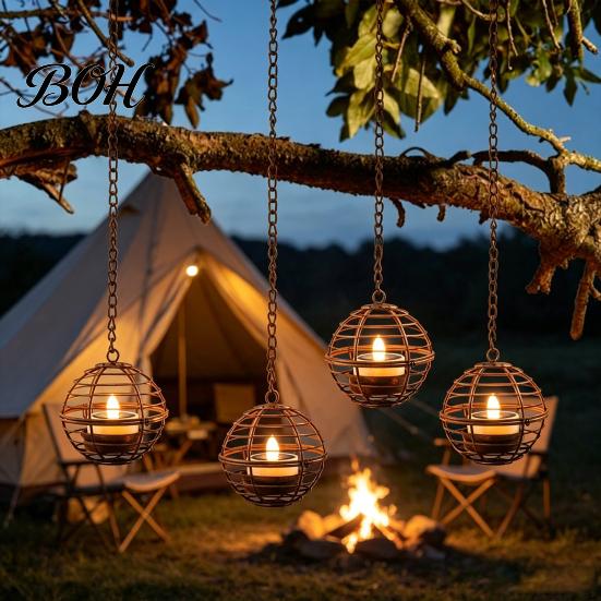 Rustic Iron Sphere Lamps Solar Hanging Lantern, Outdoor Waterproof Lantern with Tea Light, Durable Metal Lanterns Ball Candle Holder for Backyard