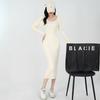 Temperament elegant style knitted dress autumn and winter U-neck long-sleeved slim-fitting long knee-bottom sweater skirt women