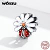 Real 925 Sterling Silver Ladybug Flower Charm Fit Original Bracelet Pendant Red Enamel