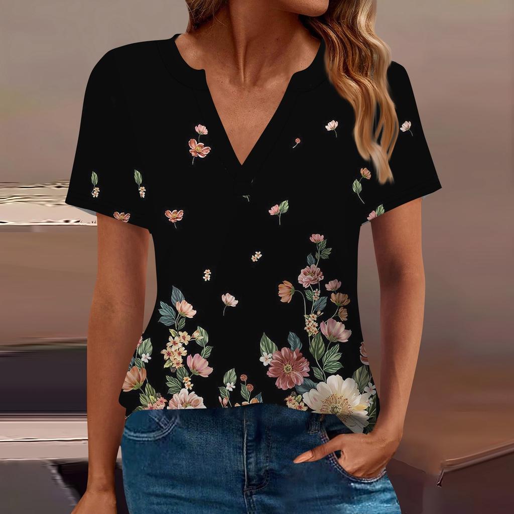 Женская футболка Футболка с принтом с коротким рукавом Повседневные выходные Мода Базовый топ с V-образным вырезом Обычный топ