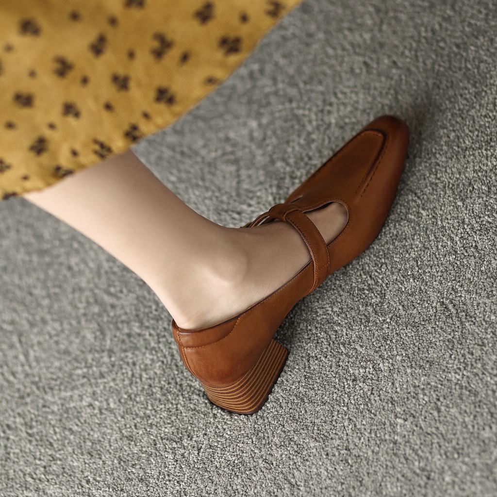 Krazing Pot Sheep Suede Square Toe Chunky Med Heels Summer Shoes Buckle Straps Women Pumps