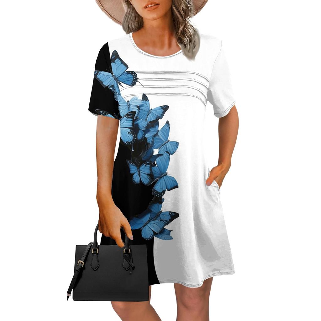 Женское летнее винтажное платье с цветочным принтом, повседневное платье с коротким рукавом и круглым карманом