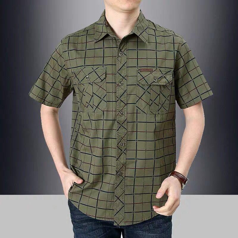Summer Men Short Sleeve Shirt Streetwear Fashion Lapel Business Plaid Casual Tops Plus Size