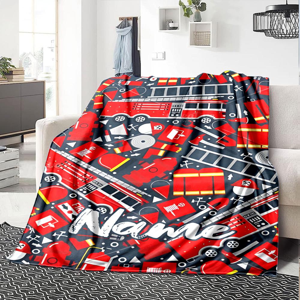 Custom Name fire truck Theme Printed Blanket - Perfect for Couch, Bed, Travel & Outdoor Use | Machine Washable, Cozy & Durable.