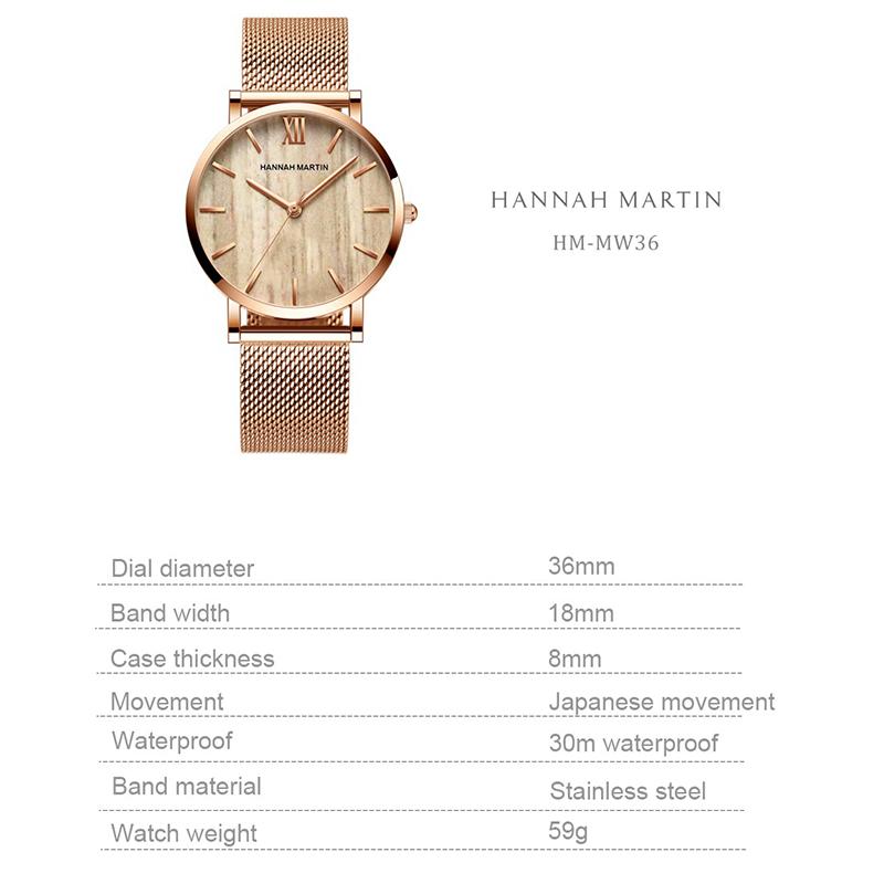 Hannah Martin Wood Grain Walnut Japan Quartz Movement Ladies Watches Luxury Brand Mesh Band Waterproof Women Wrist Watches