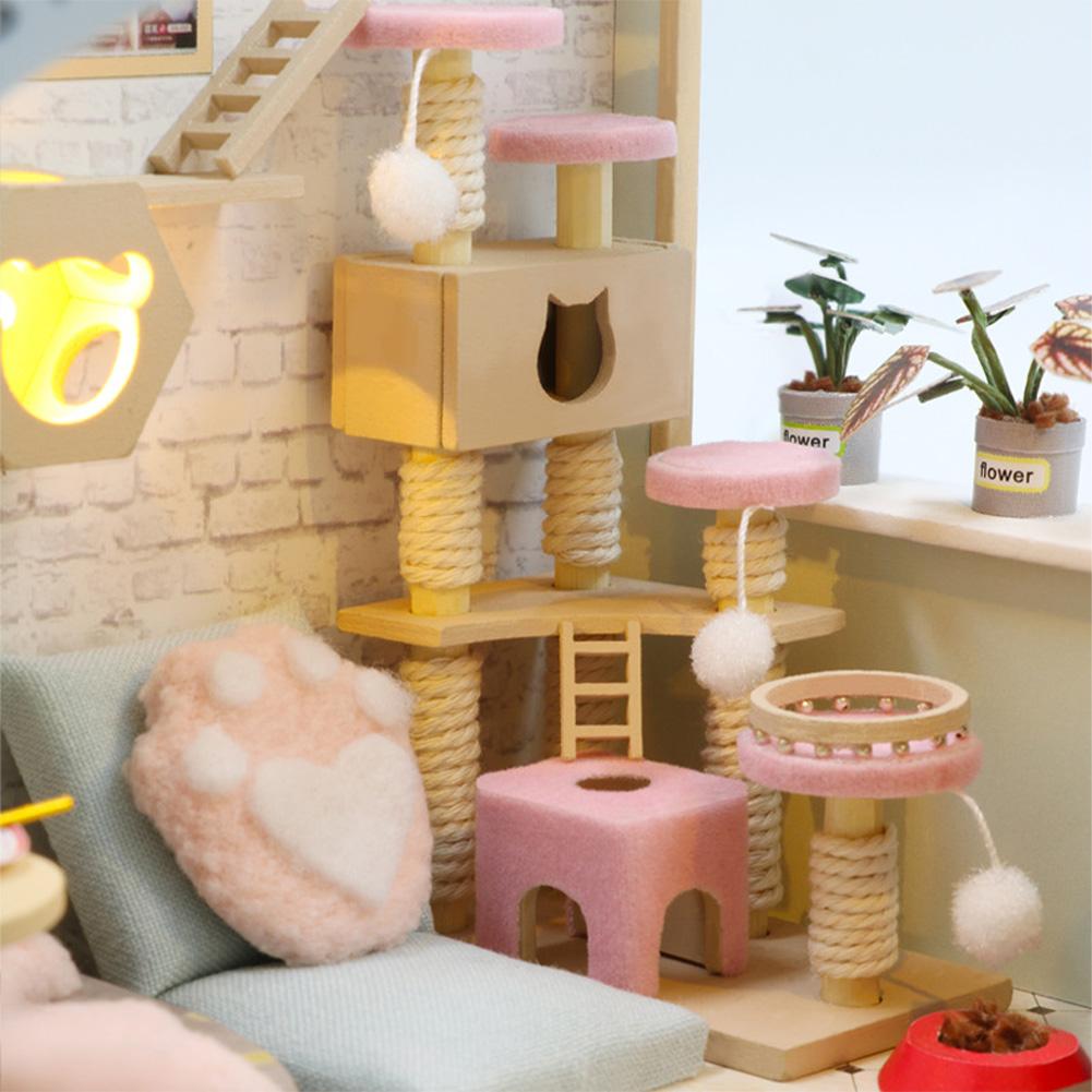 DIY Cat Cafe Miniature Dollhouse Kit With Music And Light Cat Coffee Shop Mini Doll House Model Building Kit With Furniture