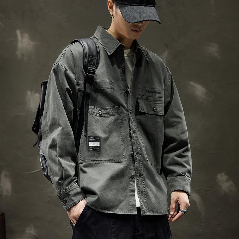Толстая ретро-стираемая мужская рубашка с длинными рукавами, свободная, большого размера, модная брендовая американская повседневная рубашка-рубашка для инструментов