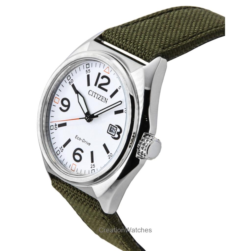 Citizen Eco-Drive Green Nylon Strap White Dial AW1571-09A 100M Men's Watch